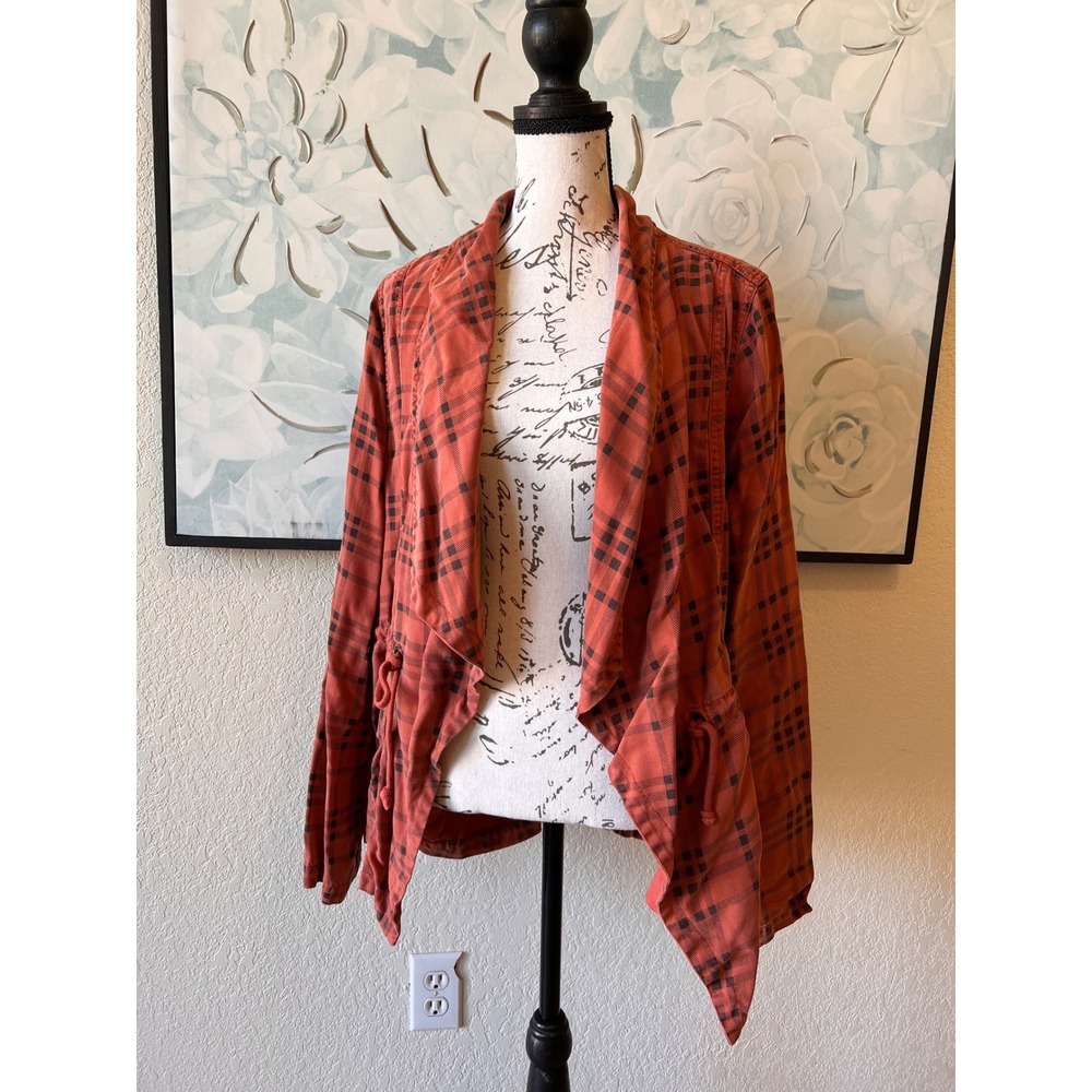 BKE Burnt Orange Plaid Open Front Tencel Jacket Medium Drawstring Waist Pockets